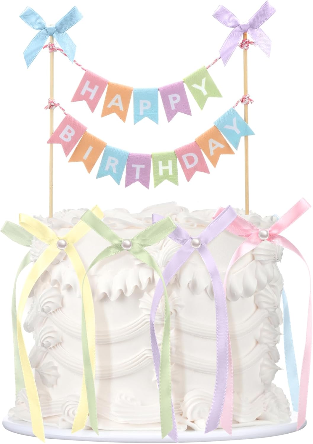 Honeydak 11 Pcs Pastel Bow Ribbon Cake Topper Happy Birthday Cake Bunting Topper with Wood Pole Handmade Pennant Flags with Bows Ribbon for Birthday, Bridal Party Decoration