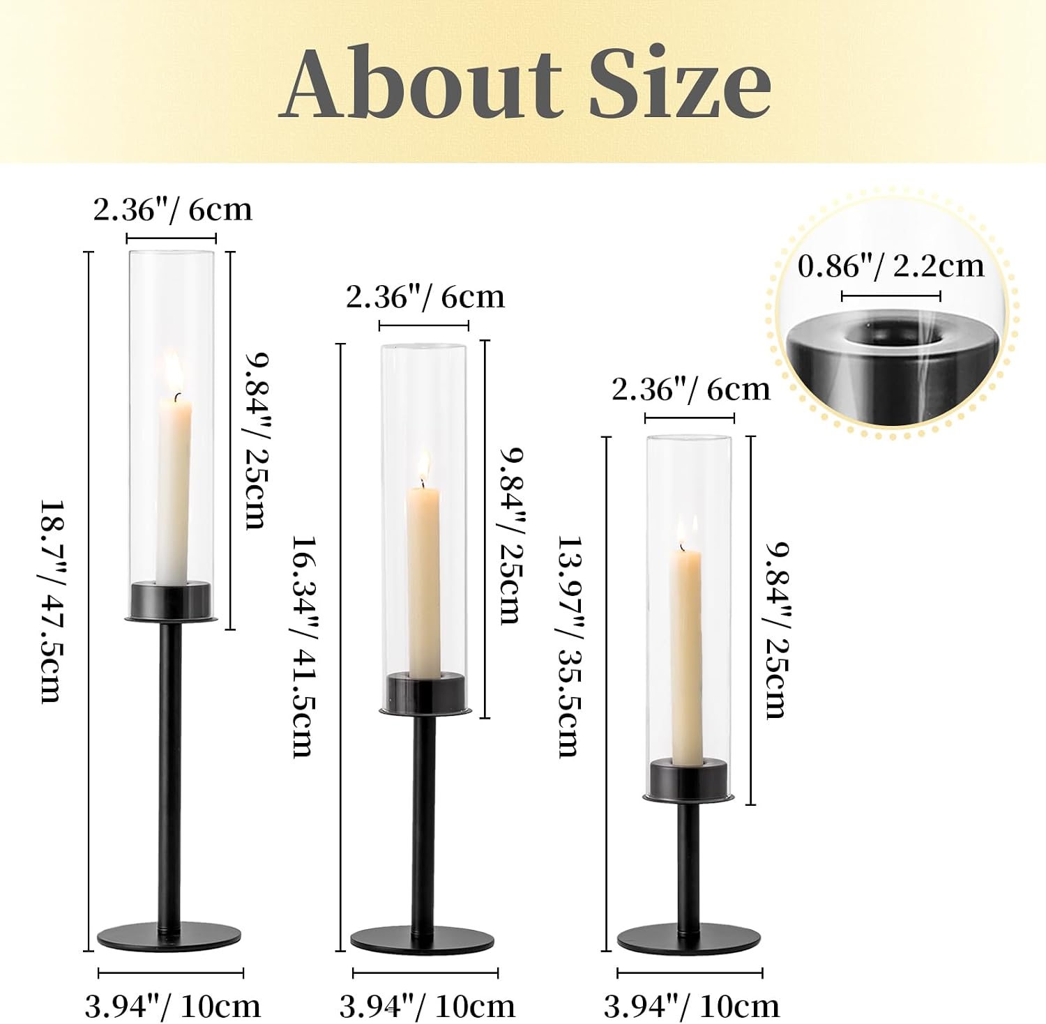 Hewory Black Candlestick Holders Hurricane Candle Holder, 3Pcs Candle Stick Candle Holder Candelabra, Taper Candle Holders with Glass Candle Cover for Wedding Table Centerpiece Christmas Decor