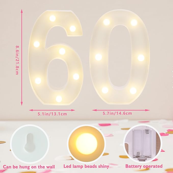 Decorative Led Light Up Numbers, 60th Birthday Decorations, Warm White Led Numbers Lights, Lighted Marquee Number Sign for Sweet 60th Party Decor