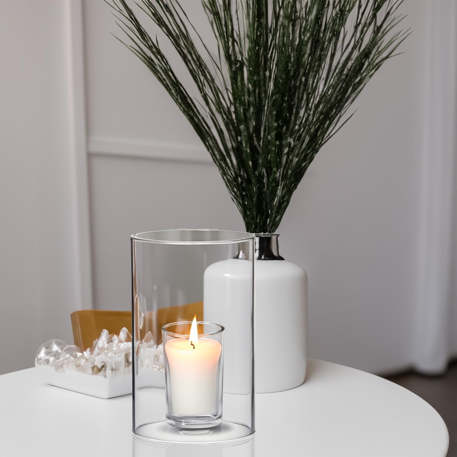 WGVI Hurricane Candle Holder Sleeve, Wide 4", Height 6", Clear Glass Cylinder Candleholder, Chimney Tube, Open Ended Candle Shade, 2 Piece