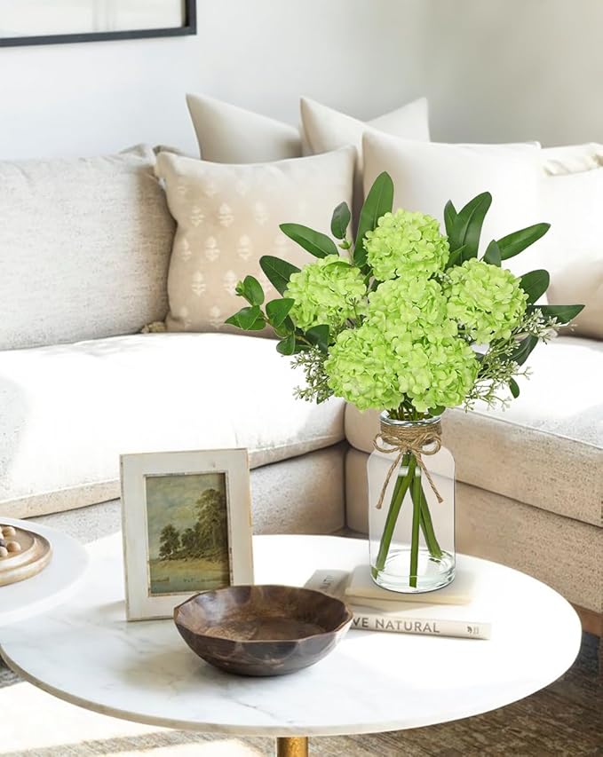 Hollyone Green Hydrangea Artificial Flowers in Clear Glass Vase with Faux Water Silk Hydrangeas Fake Flowers Floral Arrangement for Home Bathroom Kitchen Office Table Centerpiece Shelf Decorations