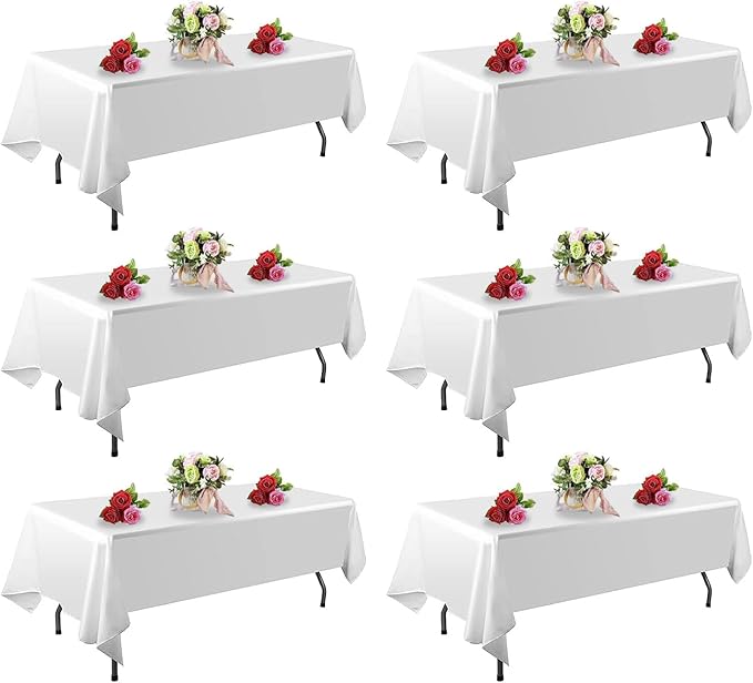 6 Pack White Table Cloth Rectangle Table 60 x 84 Inch Tablecloths for 6 Foot Rectangle Tables. Stain and Winkle Resistant Polyester Washable WhiteTable Cloths for Parties Wedding Dining