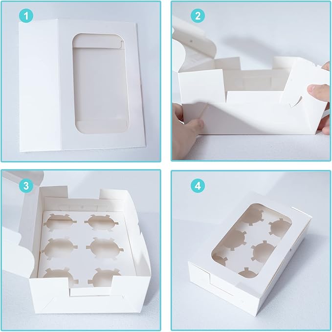 Yeplan 50 Packs Cupcake Boxes,9.4x6.1x3.14 Inches 6 Count Cupcake Box,White Cupcake Containers with Clear Window and Six Treat Holder,Pastry and Cookie Boxes,Bakery Boxes