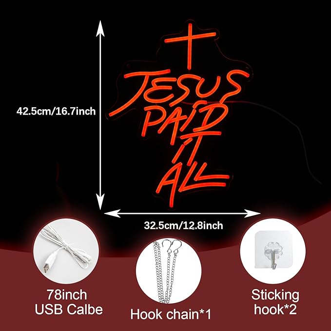 Jesus Paid It All Neon Sign Red Cross Neon Light for Wall Decor Dimmable Jesus Cross LED Light Up Sign for Christian Church Christams Home Wedding Decor Birthday Gifts(16.7 * 12.8In)