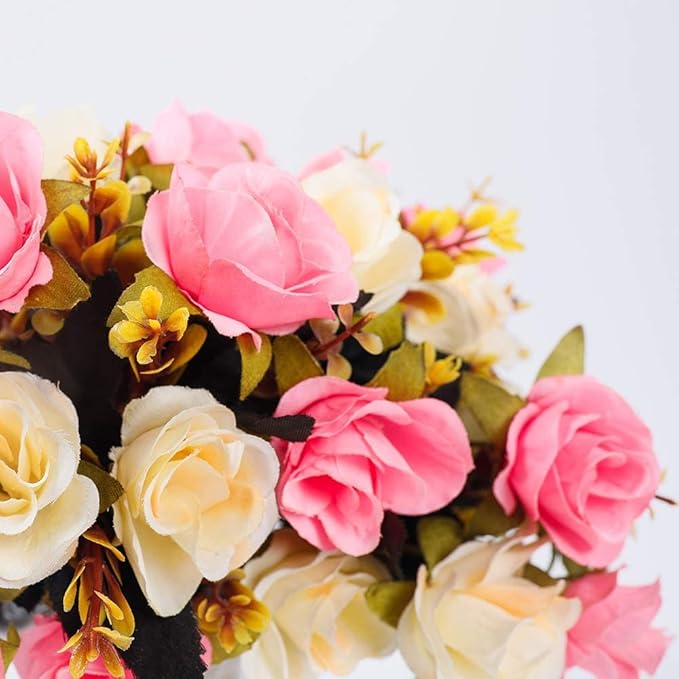LESING Artificial Fake Flowers with Vase Silk Artificial Roses Wedding Flowers Bouquets Home Office Party Meeting Room Decoration (Pink-1)