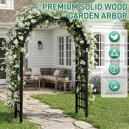 outvita 7ft black wooden arbor arch, garden trellis showing dimensions