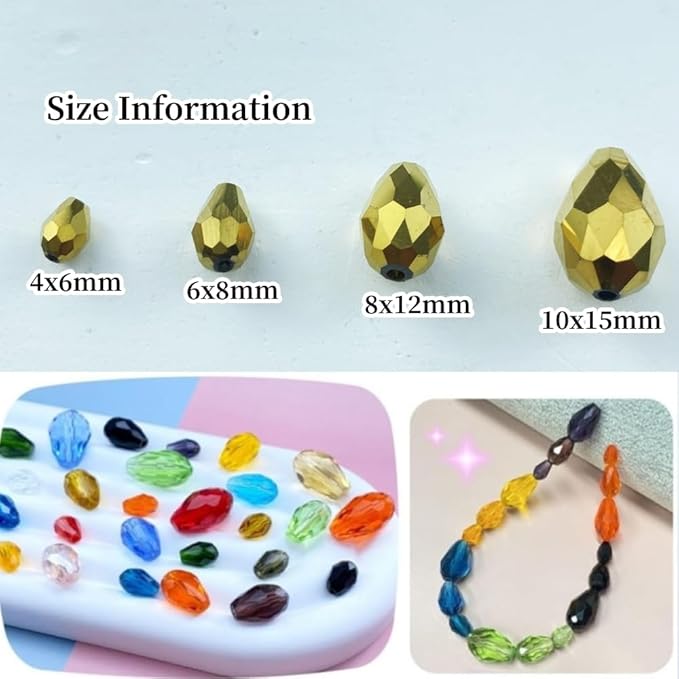 200pcs 4x6mm Teardrop Crystal Glass Beads Vertical Hole Faceted Glass Teardrop Spacer Beads for Bracelets Necklace Earring DIY Jewelry Making Craft(Gold)
