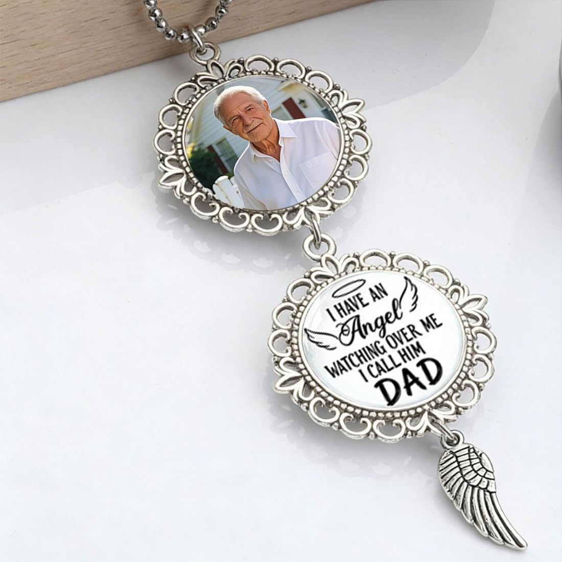 Customizable Memorial Car Hanging Ornament for Men - Personalized Photo & Name Angel Wing Pendant, Sympathy Gift for Loss of Father Remembrance Car Decor