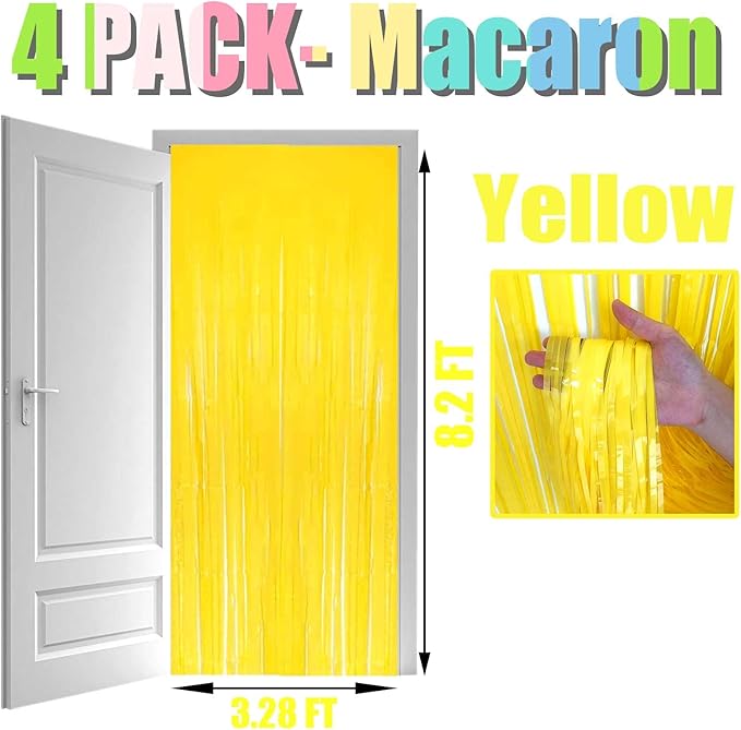 4 Pack Macaron Yellow Foil Fringe Curtain Backdrop, 3.28Ft x 8.2Ft Metallic Tinsel Foil Fringe Streamer Curtains for Photo Booth, Birthday, Wedding, New Year’s, Christmas Decoration Party Supplies
