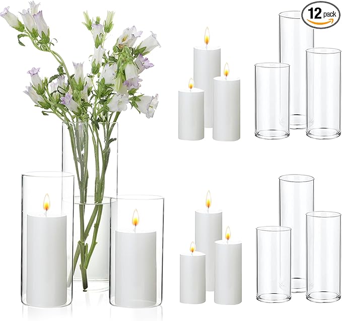 UDU Set of 6 White Pillar Candles and 6 Glass Cylinder Vases Hurricane Holders, Slim Pillar Candle Holder, Cylinder Vases for Centerpieces Wedding Table Party Home Decor(2.6" X 4.7", 5.9", 7.9")