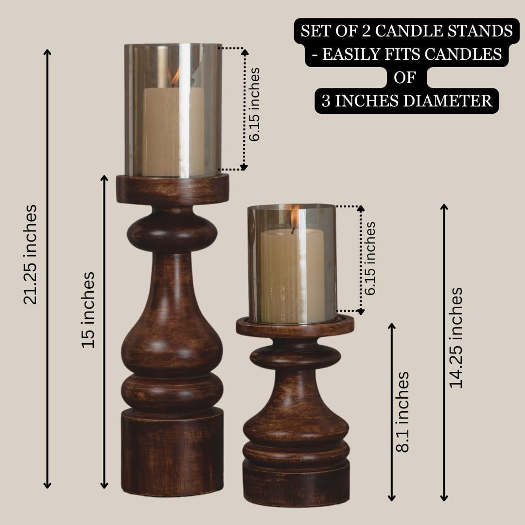 Wood Candle Holders Set of 2 Farmhouse Boho Pillar Candle Stands with Glass Covers Handmade Wooden Table Centerpiece Decor