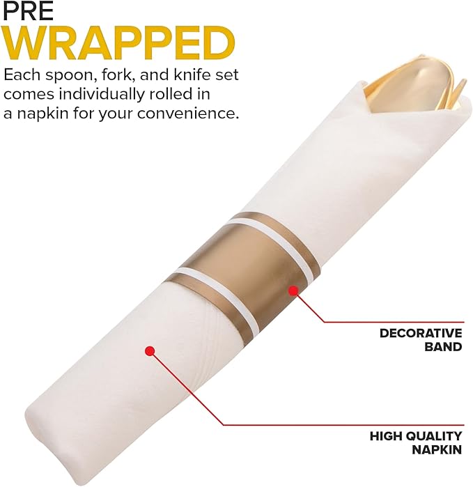400PCS Pre Rolled Gold Plastic Silverware Sets - Heavy Duty Fancy Gold Cutlery - Include 100 Pack Wrapped Disposable Utensils with Napkins for Parties, Dinners & Weddings