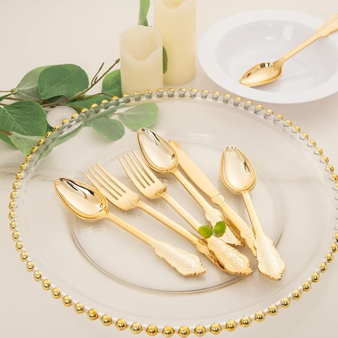 WDF 200 Pieces Gold Plastic Silverware Disposable - 50 Guests Heavy Duty Thanksgiving Gold Plastic Cutlery - Disposable Utensils Includes 100 Forks, 50 Spoons, 50 Knives Perfect for Party/Weeding