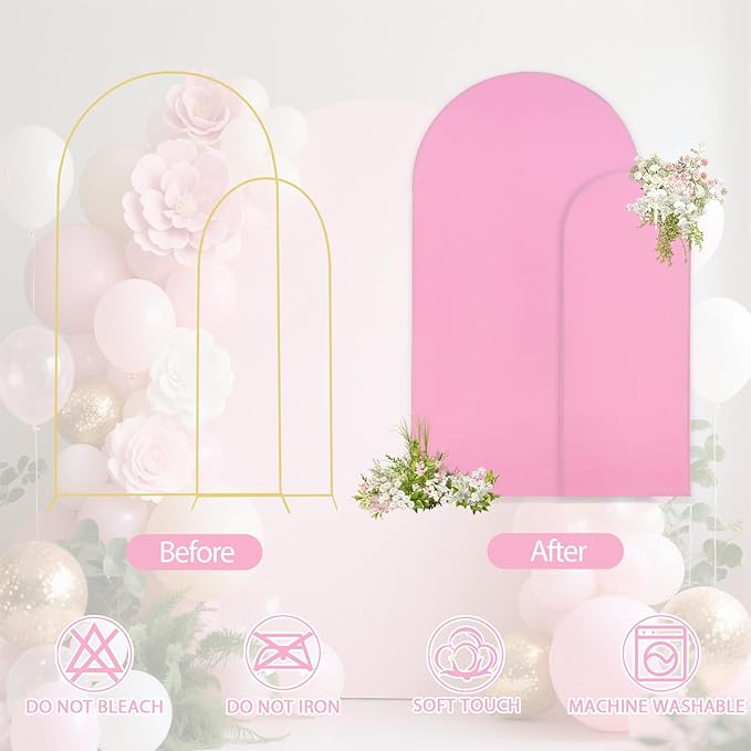 WEERRW Pink Arch Backdrop Cover Set of 2 Spandex Fitted Round Top Chiara Backdrop Stand Stretchy Wedding Covering for Event Birthday Party Banquet Decoration (6FT, 7.2FT)