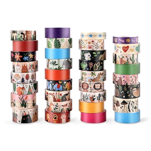 36 Rolls Animal Theme Washi Tape Set, Colorful Cute Adorable Animals Writable Decorative Tapes for Scrapbooking, Bible Journaling, Bullet Journaling, 0.6"x79" per Roll