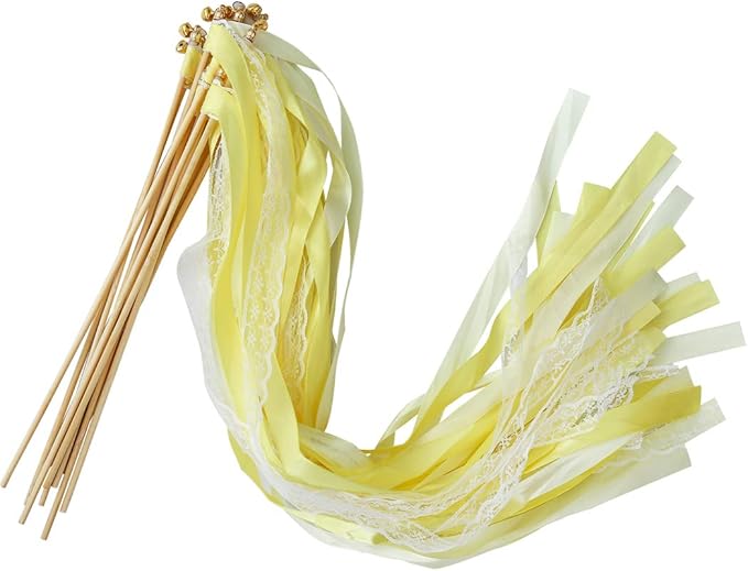 30pcs Lace Ribbon Stick Wands Christmas Birthday Party Streamers Wands Fairy Stick for Wedding Activities (Yellow+Lace)