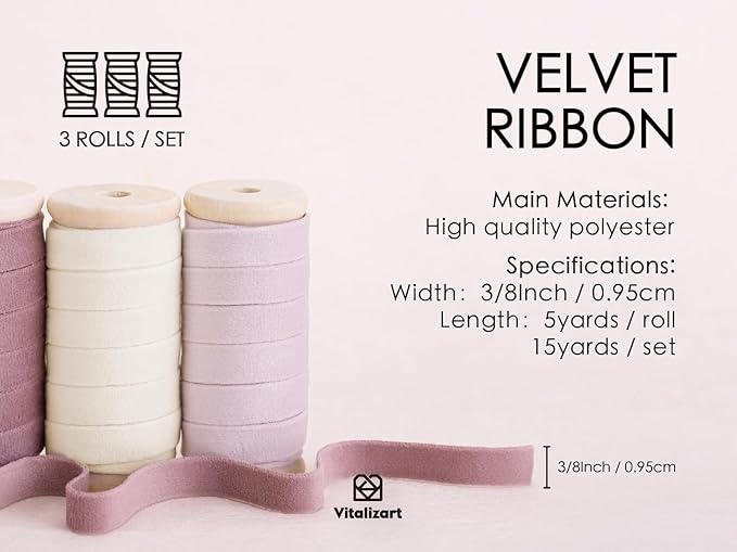 Vitalizart Velvet Ribbon Pink White Set 3/8" x 15 Yd Wooden Spool Fabric Trim 3 Rolls * 5 Yd for Christmas Wreath Decoration Handmade Craft Ornaments Gift Wrapping & Bow Making