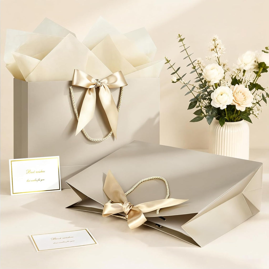 JMANNI Gift Bags with Handles, 13” Medium Gift Bag for Presents, 1 Pcs Bags with 2 Tissue Paper and 1 Cards for Graduation Baby Shower Wedding Fathers Day Mother's Day Birthday Party（champagne gold）