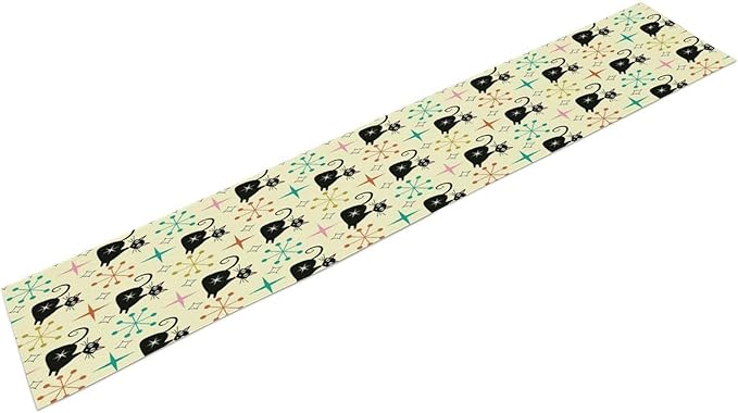 Mid Cat Table Runner, Vintage Black Cat and Atomic Stars 1950s 1960s Abstract Geometric Space Pattern Table Decoration for Home Kitchen Restaurant 13x108 Inches