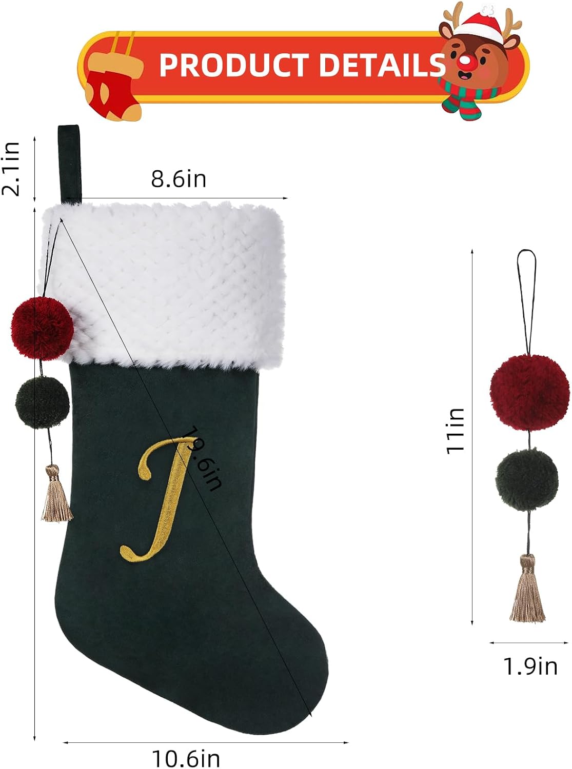 19.5 inches Personalized Velvet Christmas Stocking,Initials Embroidered Letter Christmas Stocking with pom poms, for Fireplace Hanging Decor and Xmas Gift(Green M)