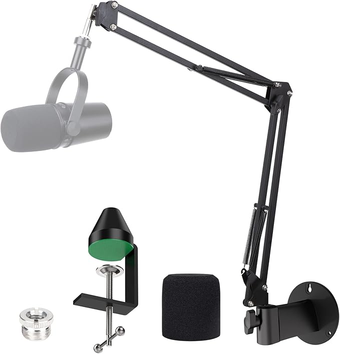YOUSHARES MV7 Wall Mount Boom Arm Stand with Mic Windscreen and Table Mount Clamp, Mic Stand Arm with Pop Filter Compatible with Shure MV7 and Shure MV7X Microphone