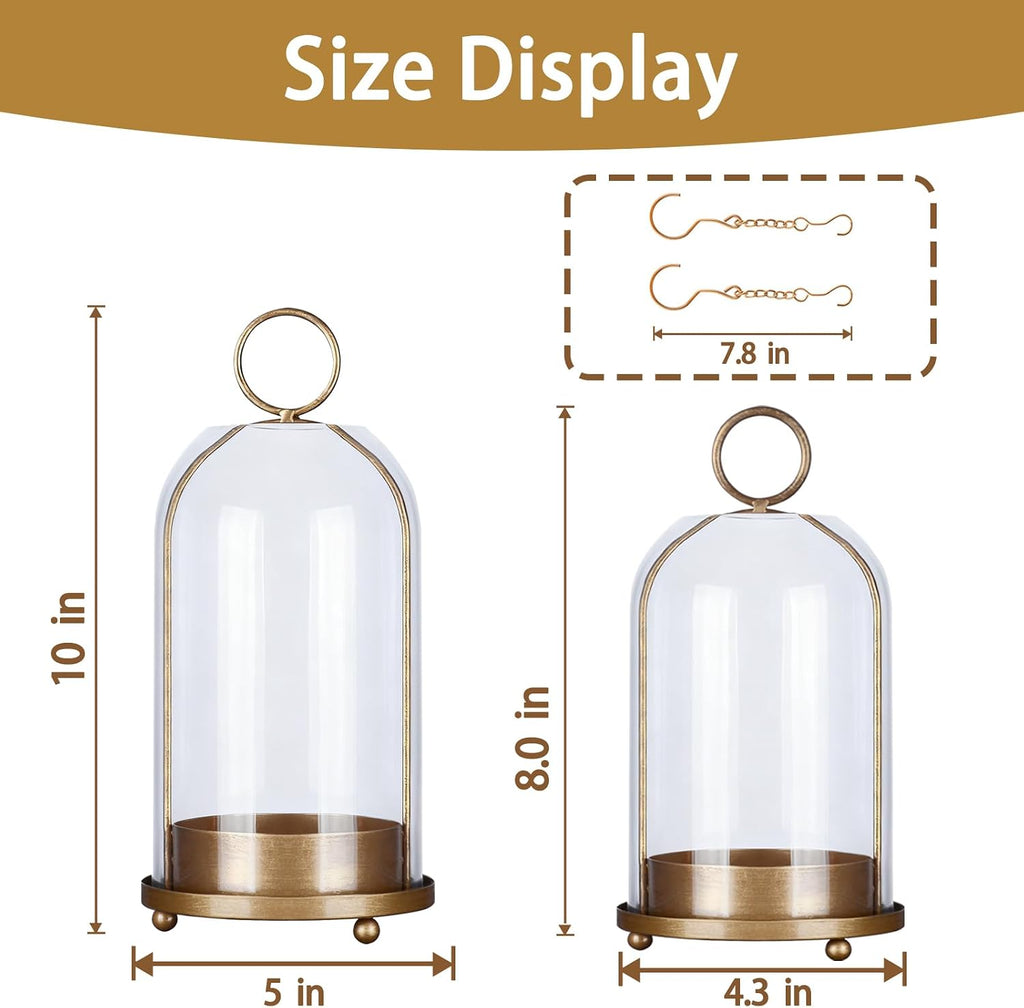 Large & Small Cloche Glass Dome Candle Holders - Glass Hurricane Candle Holder,Gold Candlestick & Lanterns Set of 2 Can Be Placed Desktop Hung,for Pillar Candles,Plants Decorative