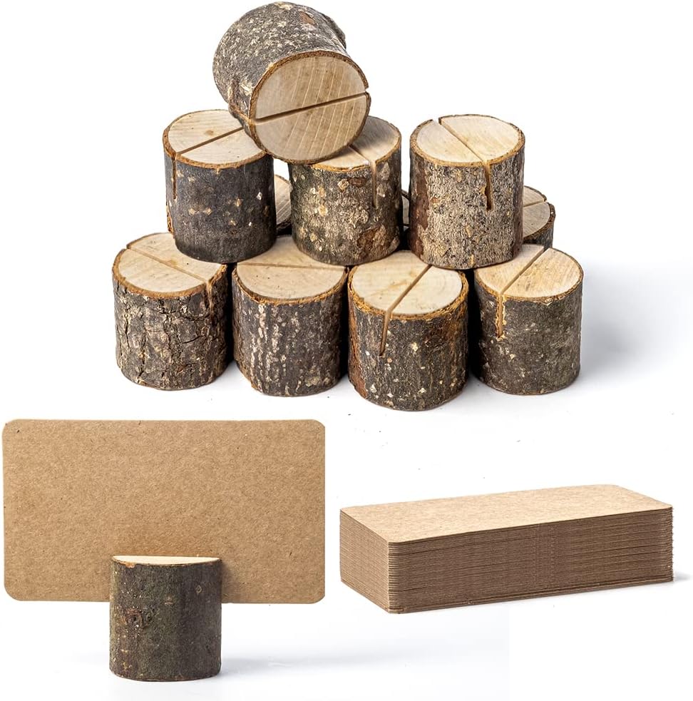 Jofefe 12Pcs Mini Wood Place Card Holders and 24Pcs Kraft Place Cards, Rustic Table Number Holders, Food Labels for Party Buffet, Name Card Photo Picture Holders for Harvest Fall Thanksgiving Wedding Birthday Party
