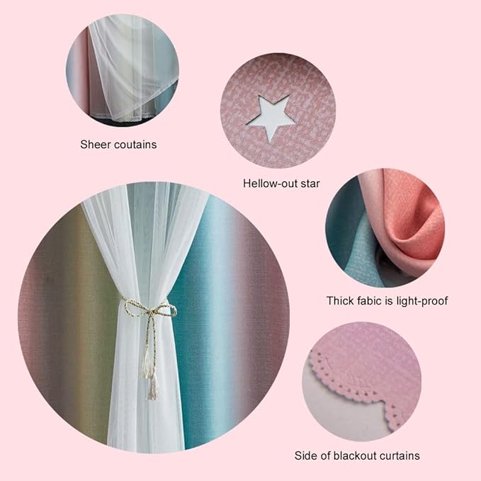 FANLI Ombre Rainbow Blackout Curtains for Kid Girls Bedroom Living Room Darking Stripe Double Layer Star Cut Out Wall Home Decor Gradient Grommet Window Curtains (Pink/Blue, 52W x 63L)