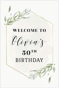 Andaz Press Personalized Extra Large Birthday Easel Board Party Sign, 12x18-inch, Modern Black, Gold with Green Leaves Florals, Welcome to Olivia's 50th Birthday, 1-Pack, Custom Name Age