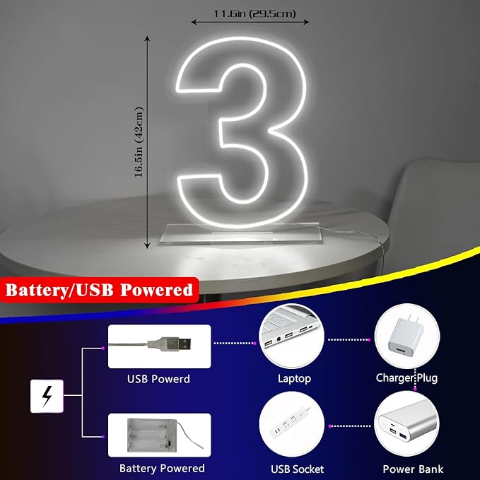 Number 3 Neon Sign for Birthday, 16.54" Cool White USB Battery Powered Led Neon Sign for Party Wedding Anniversary Decor Light Sign (Number 3)