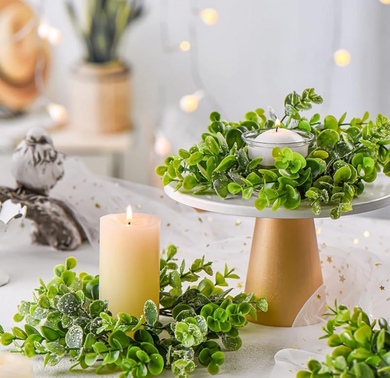Candle Rings 3" Center Eucalyptus Candle Ring Artificial Mini Wreath Pillar Candle Holder Twig Spring Candle Wreaths for LED Candles Birthday Wedding Dinning Party or Easter Fireplace Decor (2, Green)