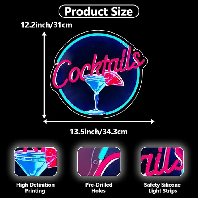 Cocktails Neon Signs for Wall Decor,UV Print Cocktails Glass LED Neon Light Up Sign for Beer Bar Art Wall Lights,Bar Party,Pub,Night Club,Man Cave Decor,Adjustable Brightness