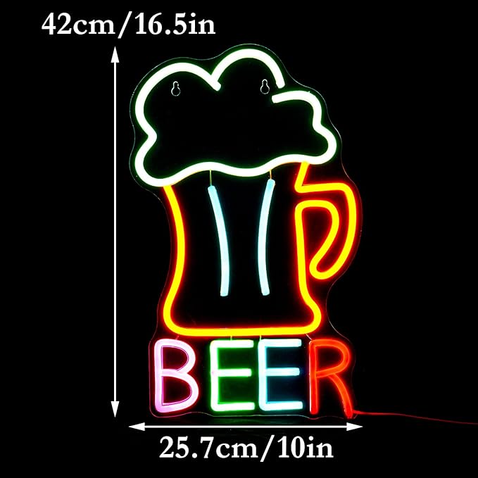 Beer Neon Sign Led Beer Signs Colorful Neon Lights for Wall Decor USB Powered 16.5’’X10.1’’Man Cave Bar Club Birthday Party Decor Kitchen Restaurant Neon Wall Signs