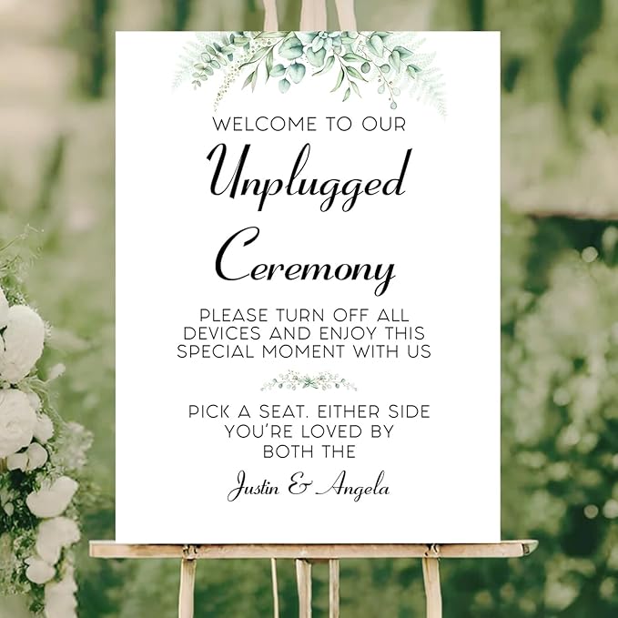 Personalized Unplugged Ceremony Sign – Elegant Wedding Yard Sign with Greenery – Turn Off Devices & Find Your Seat