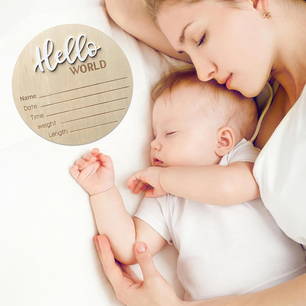 Baby Announcement Sign, 5.9 Inch Wooden Hello World Newborn Signs, Birth Announcement Sign, Baby Shower Hospital Nursery for Newborn Boys and Girls (White)