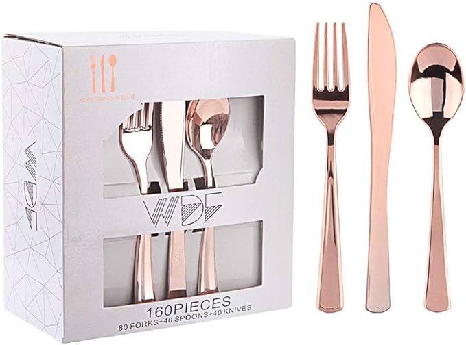 WDF160 Piece Rose Gold Disposable Cutlery Set - Heavyweight Plastic Silverware - Includes 80 Forks, 40 Spoons, 40 Knives - Rose Gold Silverware Perfect for Wedding/Party
