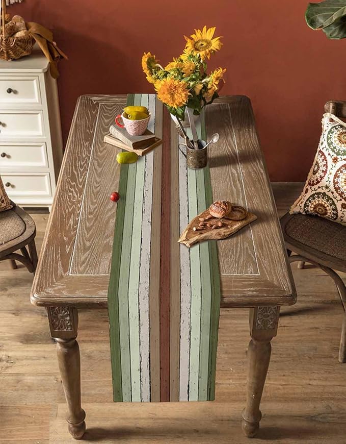 Sage Green Wooden Cotton Linen Table Runner for Dining Kitchen, Wedding Outdoor Party Tablerunners Decoration, Vintage Country Retro Distressed Grain Dresser Scarf Coffee Tablecloth Runners 13''x60''