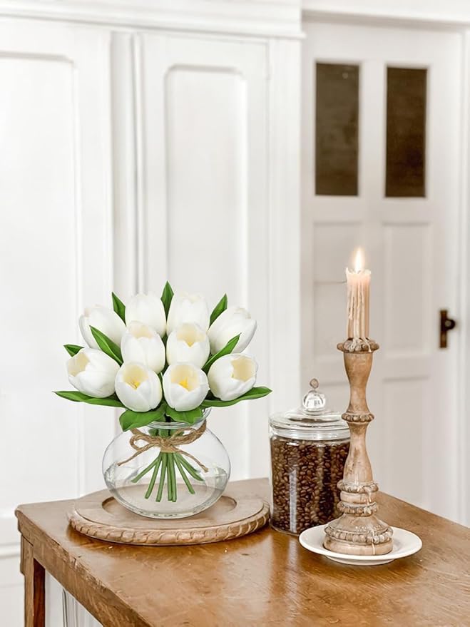 DILATATA Tulips Artificial Flowers in Vase White Fake Flowers Centerpiece with Glass Vase with Faux Water Faux Tulip Bouquet Floral Arrangement for Table Home Office Decor Wedding Thanksgiving