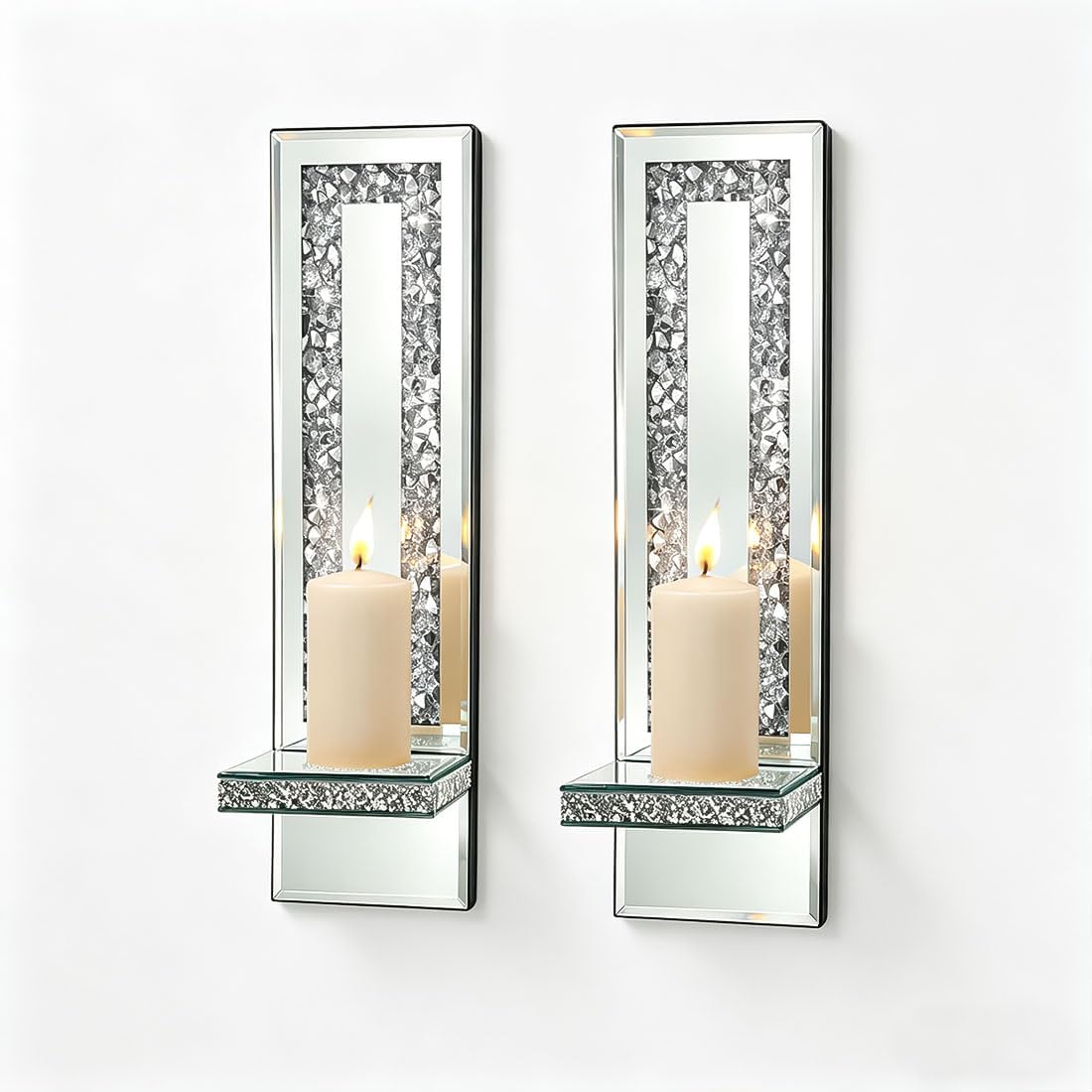 Pibeyer Mirrored Candle Sconces with Acrylic Diamond, Crushed Diamond Wall Candle Holders, Home Decor