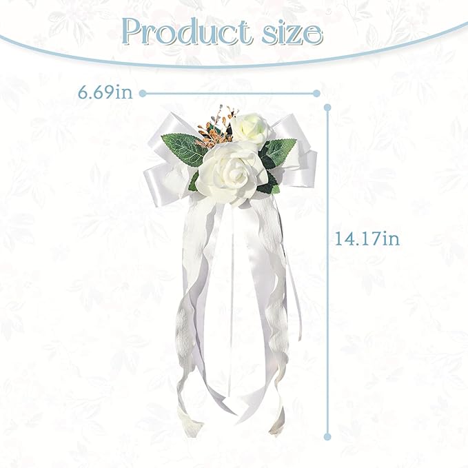 4PCS Wedding Car Door Handle Decorative Flowers, White Artificial Cars Bouquet Flower Bowknot Ribbon Decor, Just Married Automotive Decorations Accessories for Door Handles