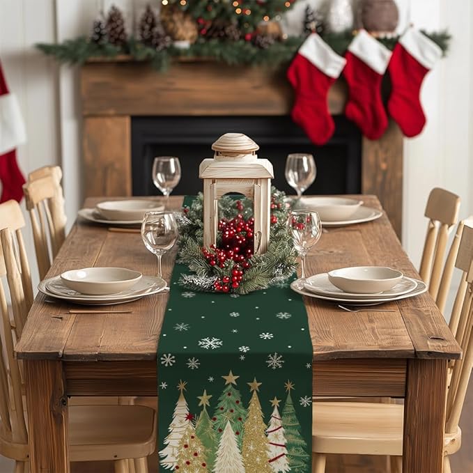 GEEORY Christmas Table Runner 13x60 Inch, Xmas Trees Snowflakes Holiday Decorative Farmhouse Table Decoration for Kitchen Dinning, Indoor Outdoor Dinner Party Decor (Green) GT152-60