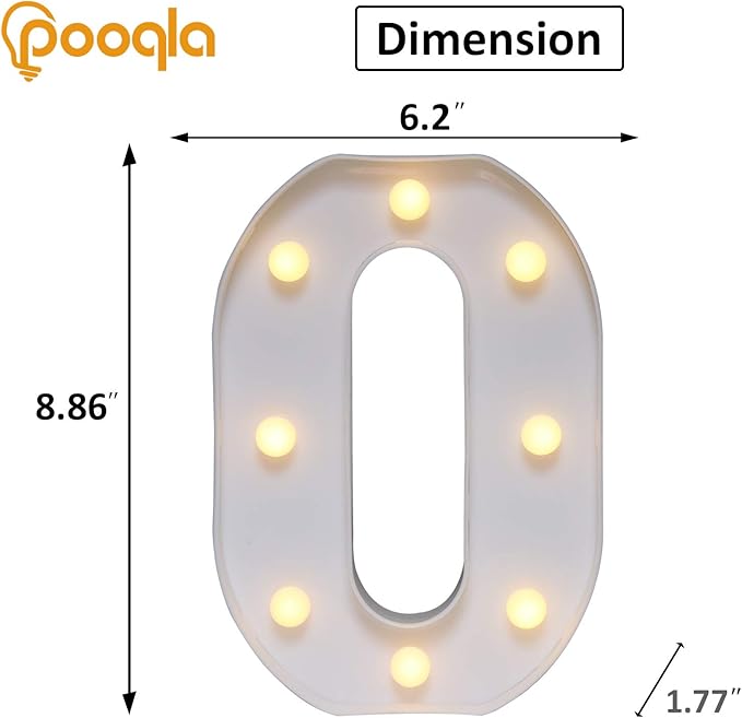Pooqla Decorative Led Light Up Number Letters, White Plastic Marquee Number Lights Sign Party Wedding Decor Battery Operated Number (0)