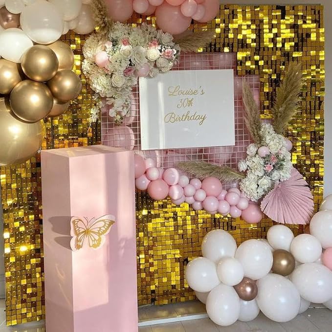 Qcity Gold Shimmer Wall Backdrop 36PCS, Black Back Not See-Through Design, Square Sequin Glitter Backdrop Panel, Perfect for Outdoor Events, Birthdays, Wedding and Party Decoration