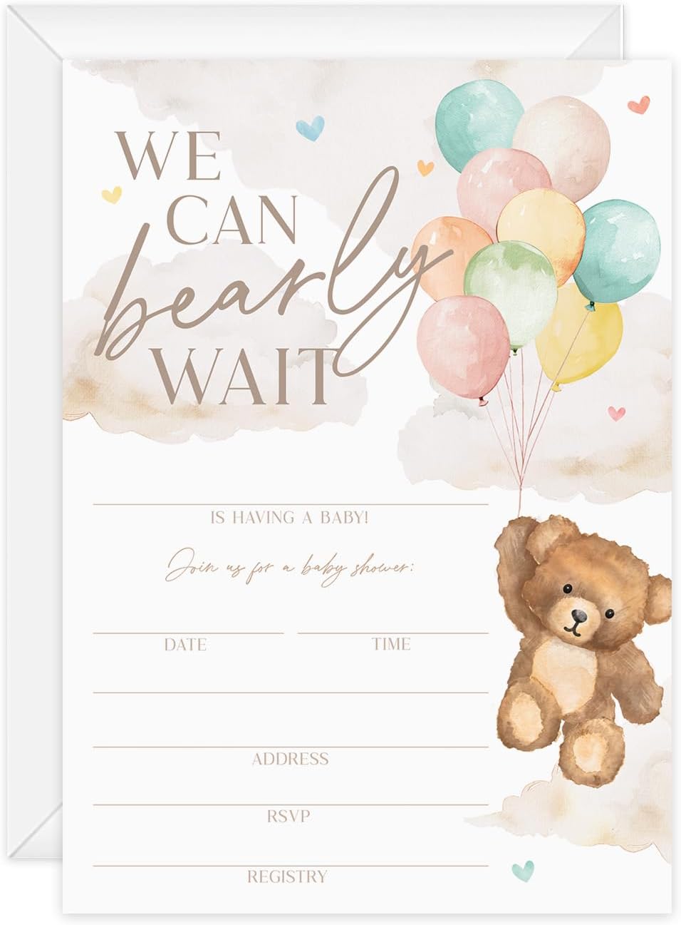 We Can Bearly Wait Baby Shower Invitations / 25 Barely Wait Teddy Bear Gender Neutral Baby Shower Invites With White Envelopes / 5" x 7" Flat Fill In Gender Reveal Boy Or Girl Invitation Cards / Made In The USA