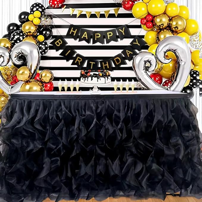 Luxury Organza Mesh Table Skirt Draping Floating Romance - Perfect for Bridal Showers, Birthday Weddings - Clear Flowing Decoration for a Wonderful Main Cake Table (Black-9ft, 108" Lx30 H)