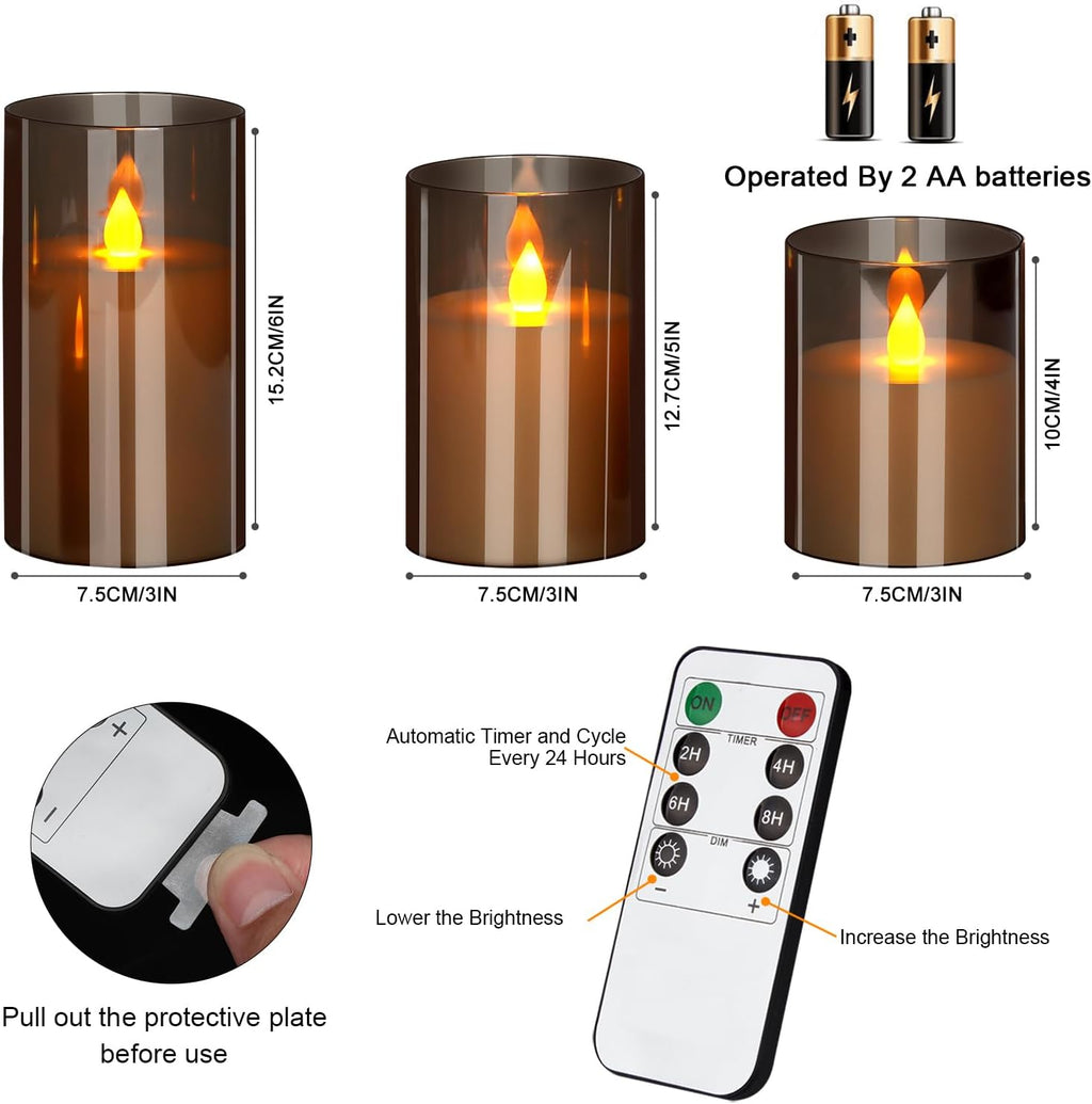 wemarry Flameless Candles 4" 5" 6" Acrylic Glass Pillars 3" Diameter Battery Operated Flickering Candles Include 8-Key Remote with Timer Function 400+ Hours (Gray, Warm Light 3 Pack)