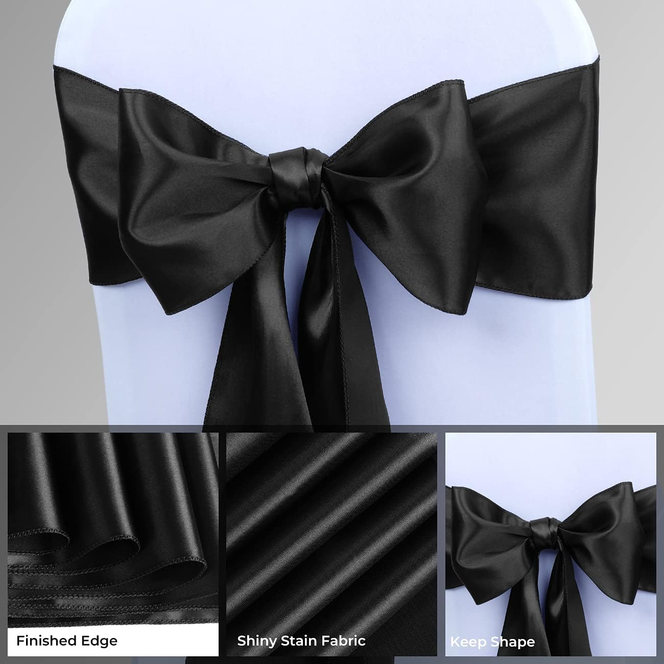 Babenest Satin Chair Sashes Ties Upgraded 30 pcs Chair Ribbons Bows for Wedding Banquet Party Christmas Baby Shower Events Decoration (Black)