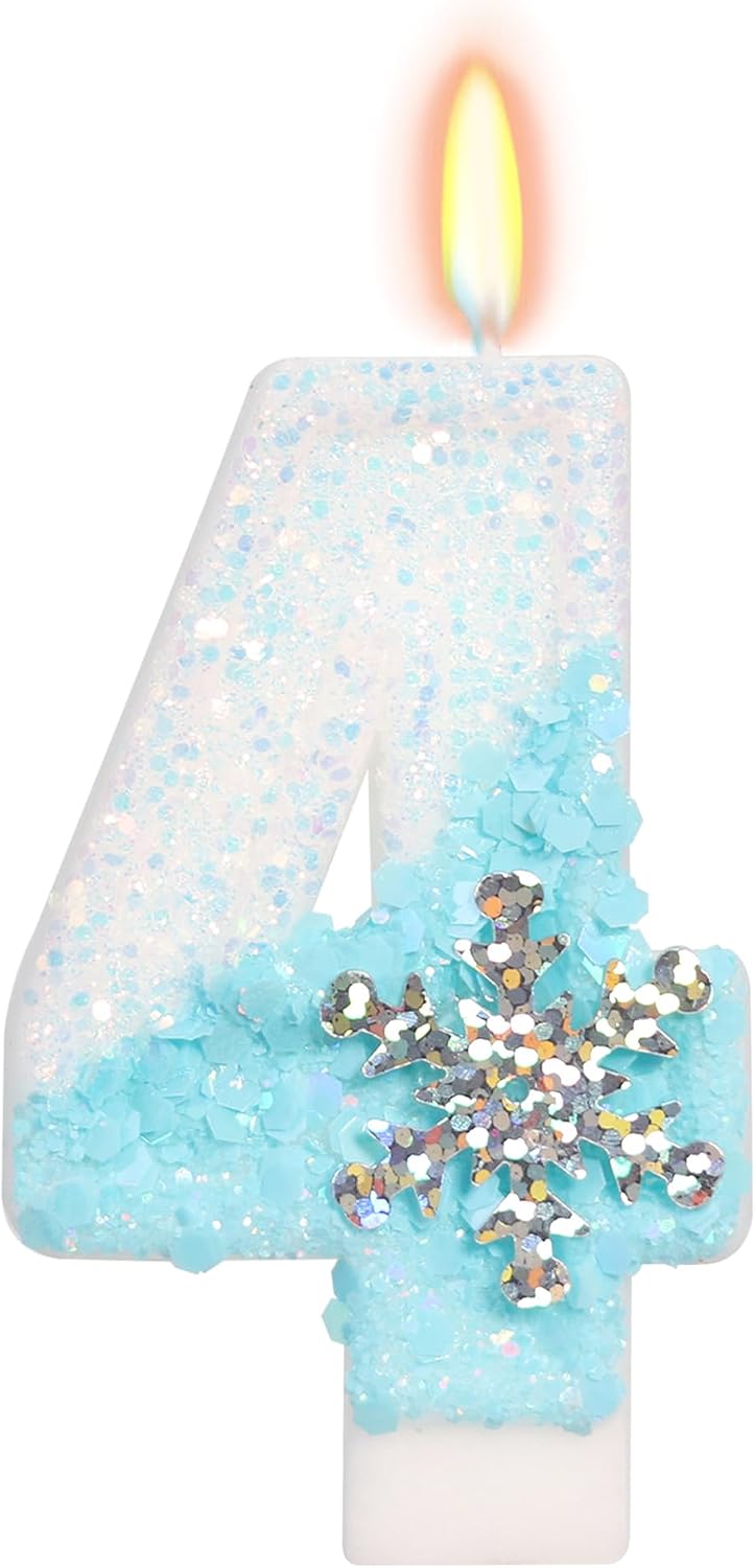 Sky Blue Frozen Themed Birthday Candles, Snowflake Number Candles for Kids Adults Birthday Party Supplies, 2.76 inch Number 4 Candle Cake Topper Decorations (Number 4)