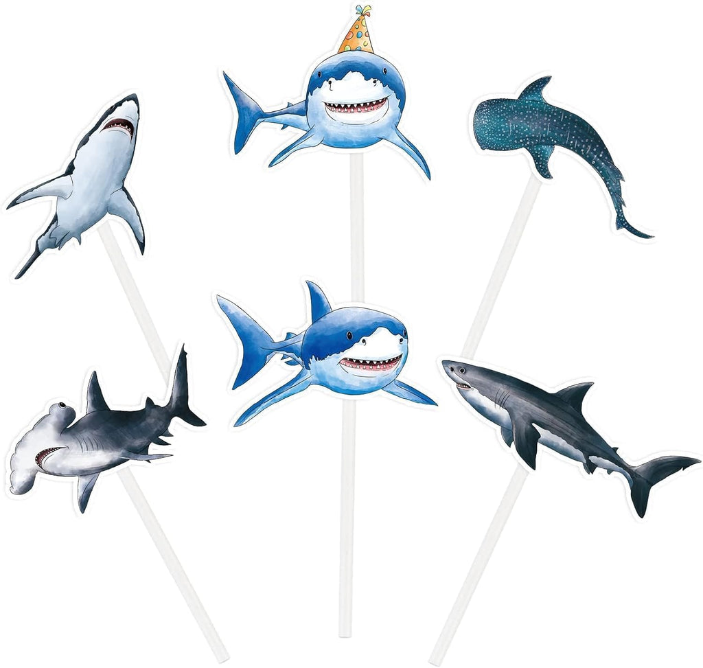 WERNNSAI 36 PCS Shark Cupcake Toppers - Shark Cake Toppers Ocean Birthday Party Decorations Summer Cake Toppers Under The Sea Cake Decors for Kids Ocean Baby Shower Party Supplies