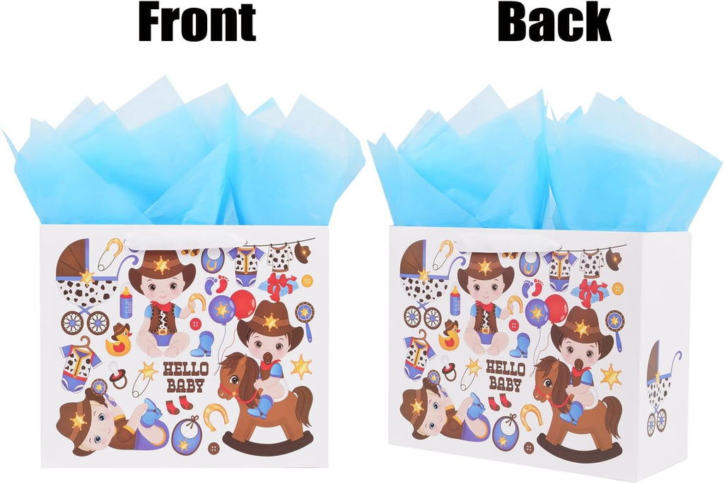 ysmile Cowboy Large Gift Bag with Wrapping Tissue for Baby Shower 12.6" - Boy
